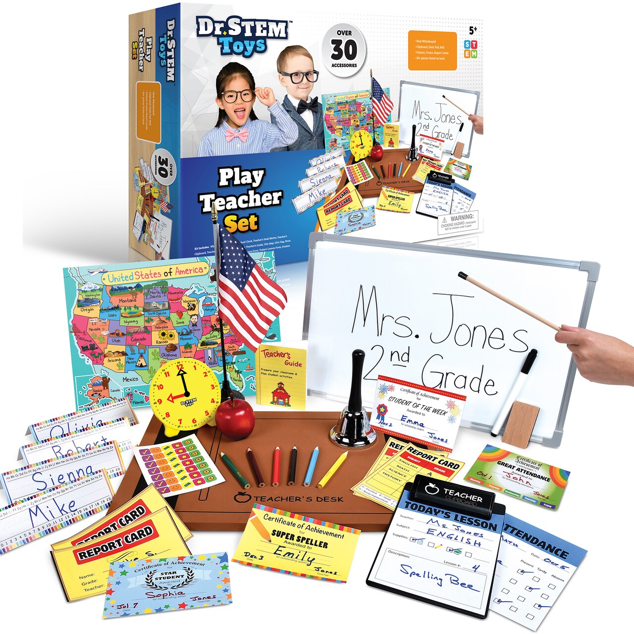 Dr. STEM: Play Teacher Set - School & Classroom Roleplay, White Board-Bell-Report Cards-Map, Certificate of Completion, Education-Learning, Kids 5+